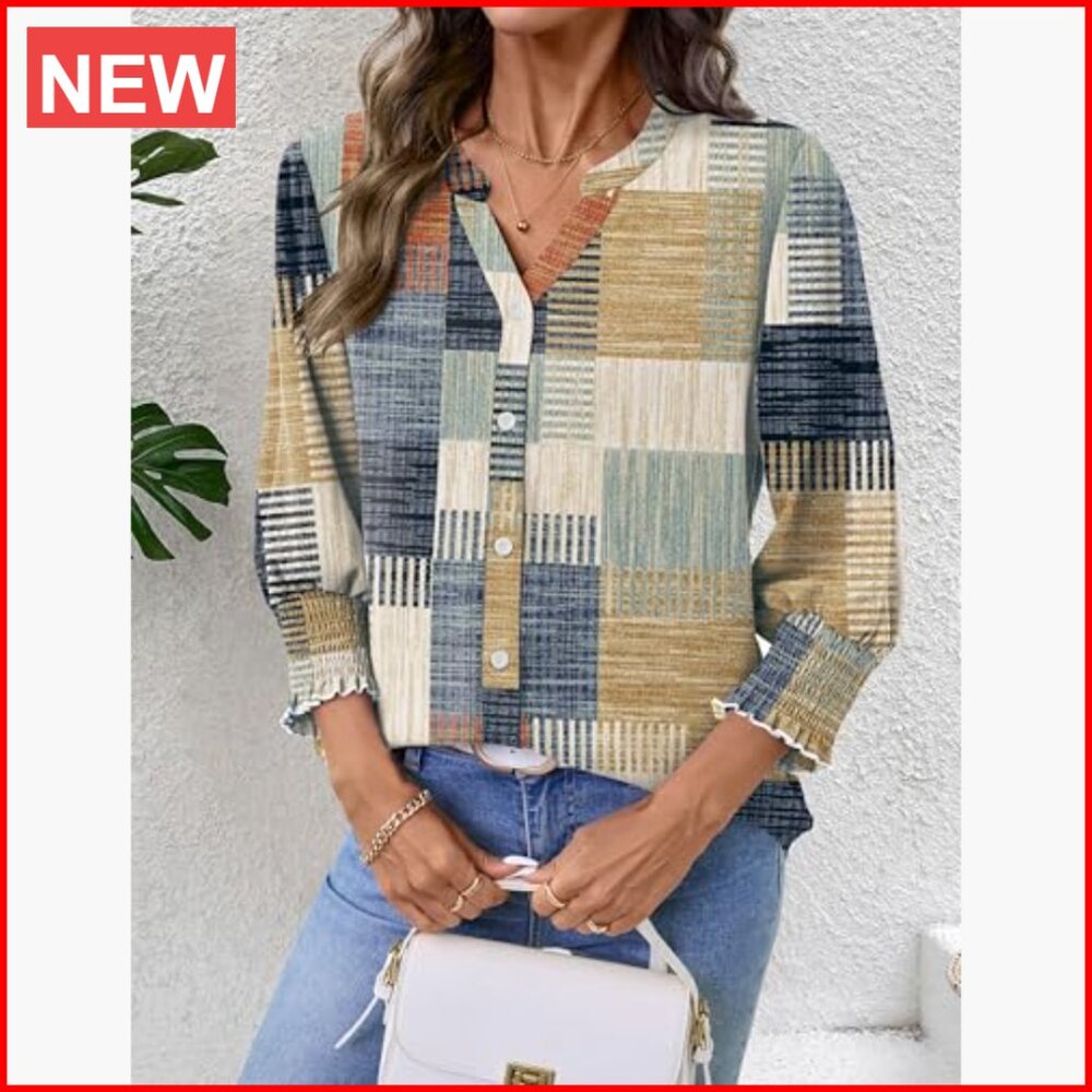 Polyester Blend 3/4 Sleeve Button Down Shirt V-Ne… - image 6